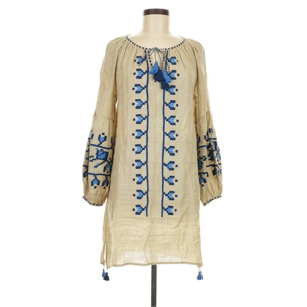 Benaras by‎ Citrus Linen Embroidered Tassel Tunic Dress Beige Blue Medium